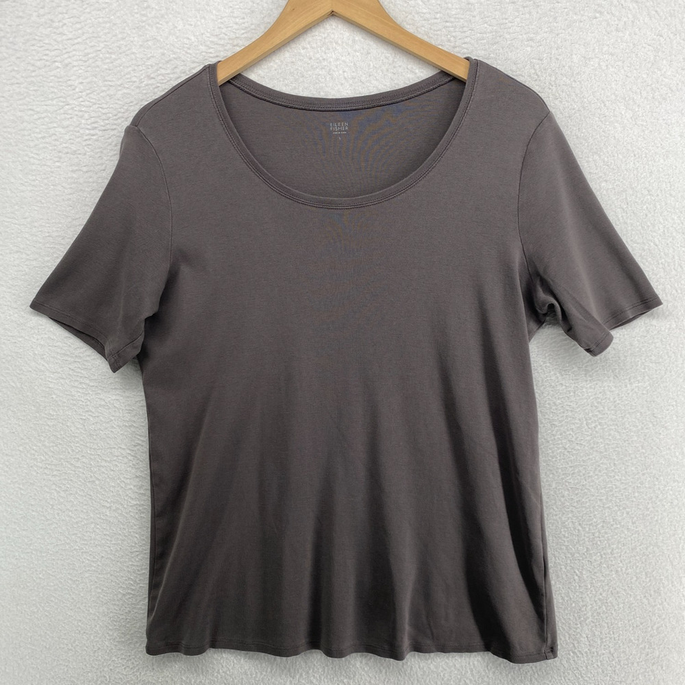 EILEEN FISHER Top L Organic Cotton Ribbed Jersey Scoop Neck Short Sleeve Gray